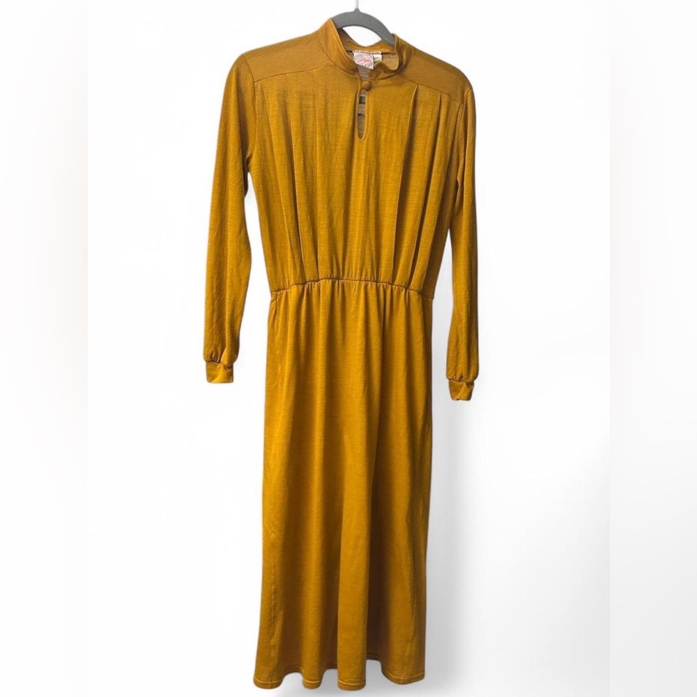 Vintage 70s Mustard Yellow Wool Blend Mock Neck Midi Dress Made in Israel S